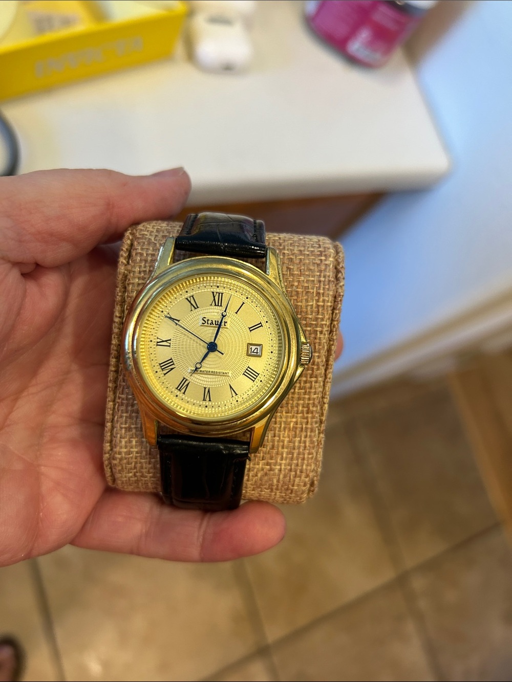 Stauer     Gold-Tone Round Dress Watch with Black Leather Strap